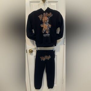 MAJESTIK Black Rhinestone FLY HIGH Bear Sweat Suit Child Set Size 7-8T NWOT